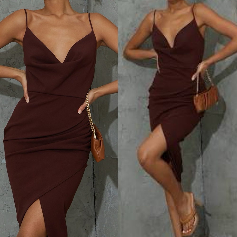 PLT Chocolate Brown Strapless Cowl Neck Dress Size 2